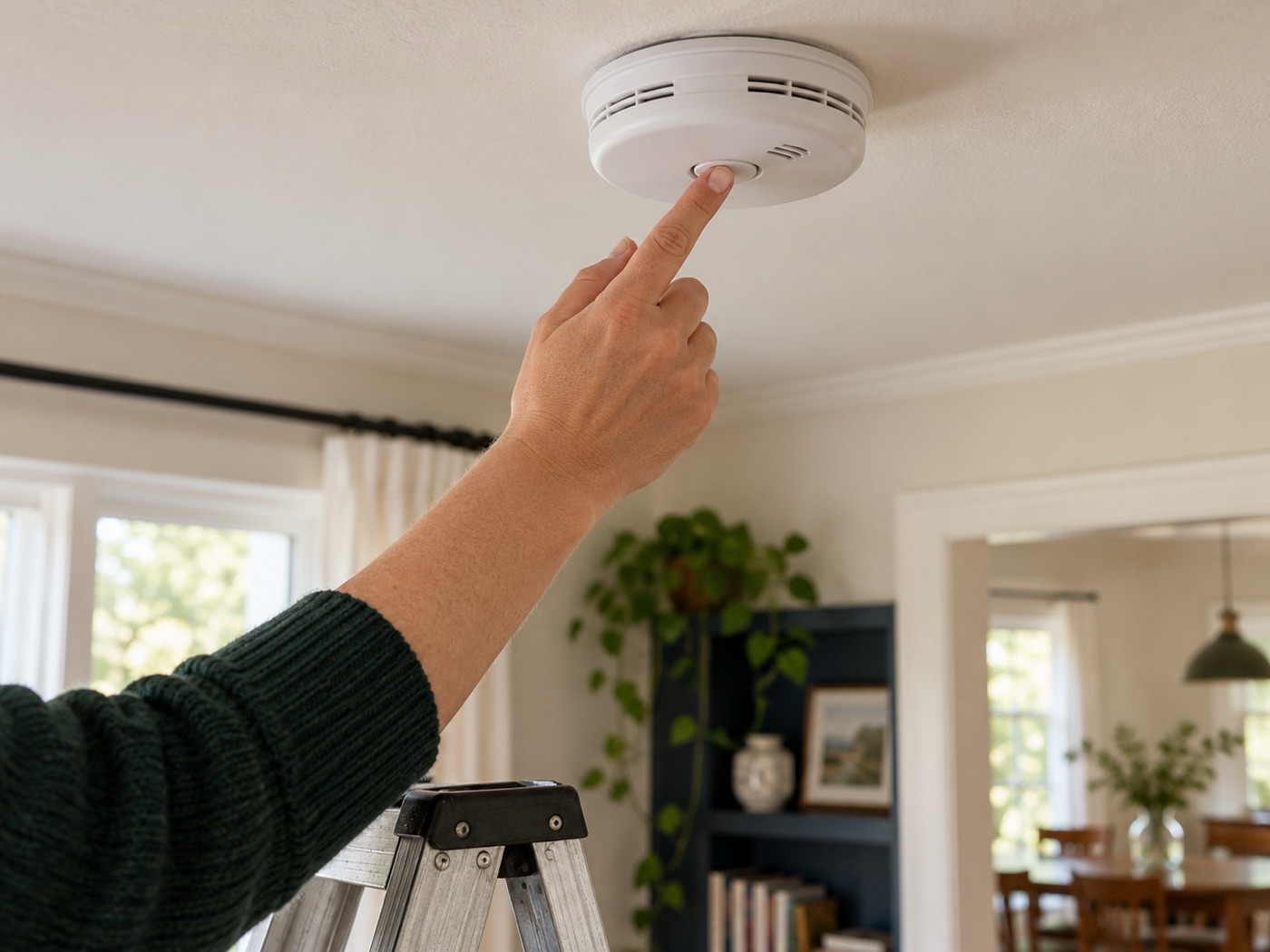 A hand testing a smoke detector