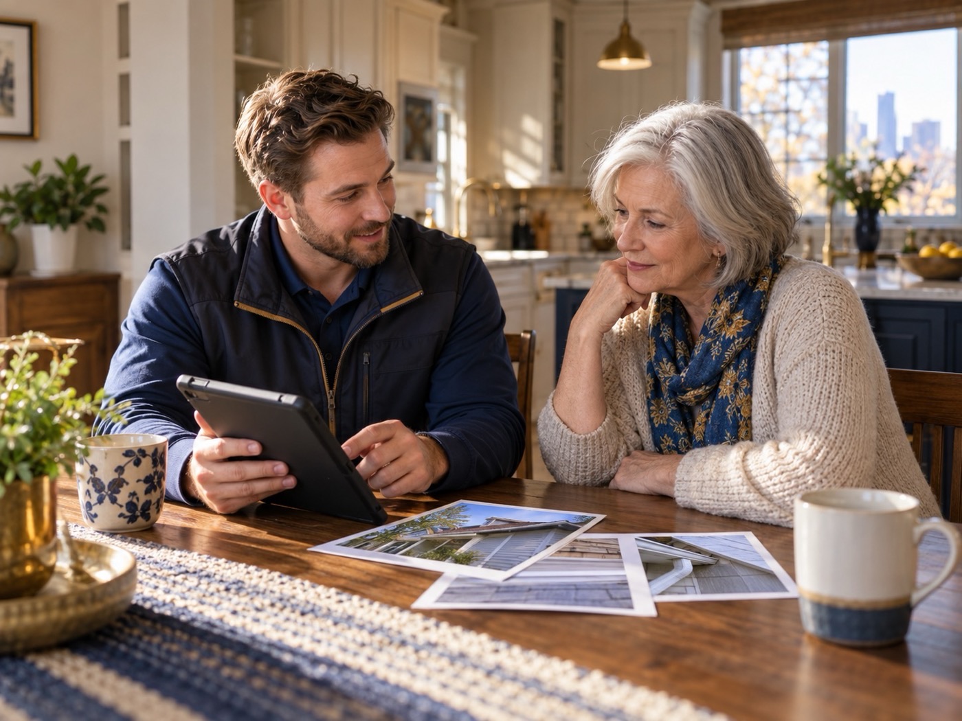 A home checkup helper reviewing notes and photos with a homeowner