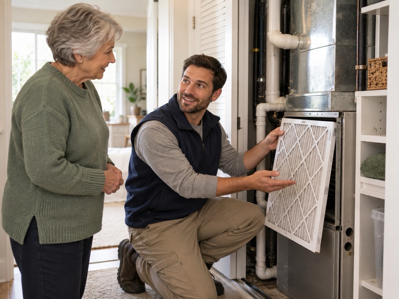 A local helper showing a homeowner how a furnace filter is checked