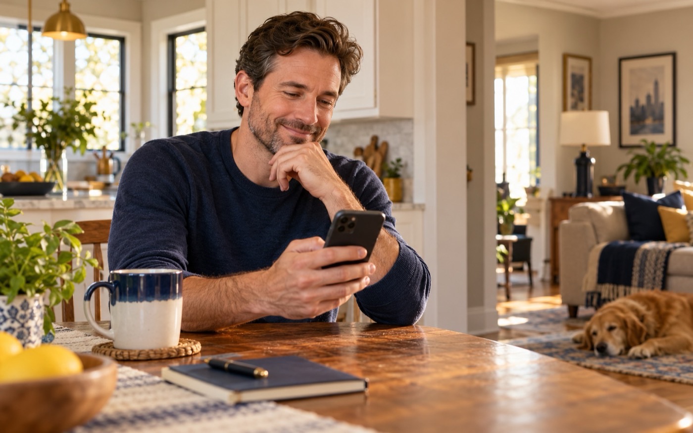 An adult son relaxing after receiving a reassuring update about his parent