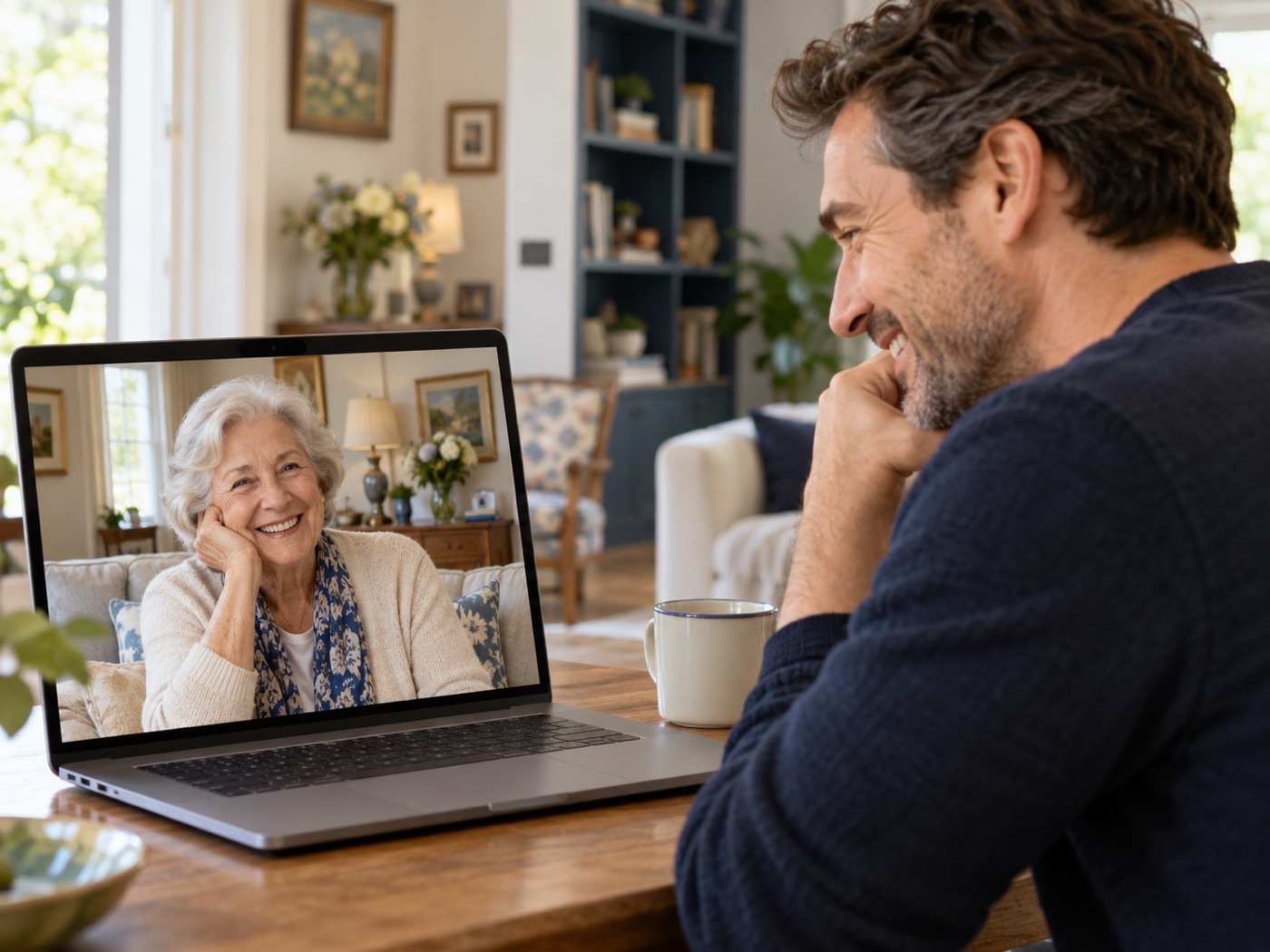 An adult son sharing a warm video call with his mother from a distance