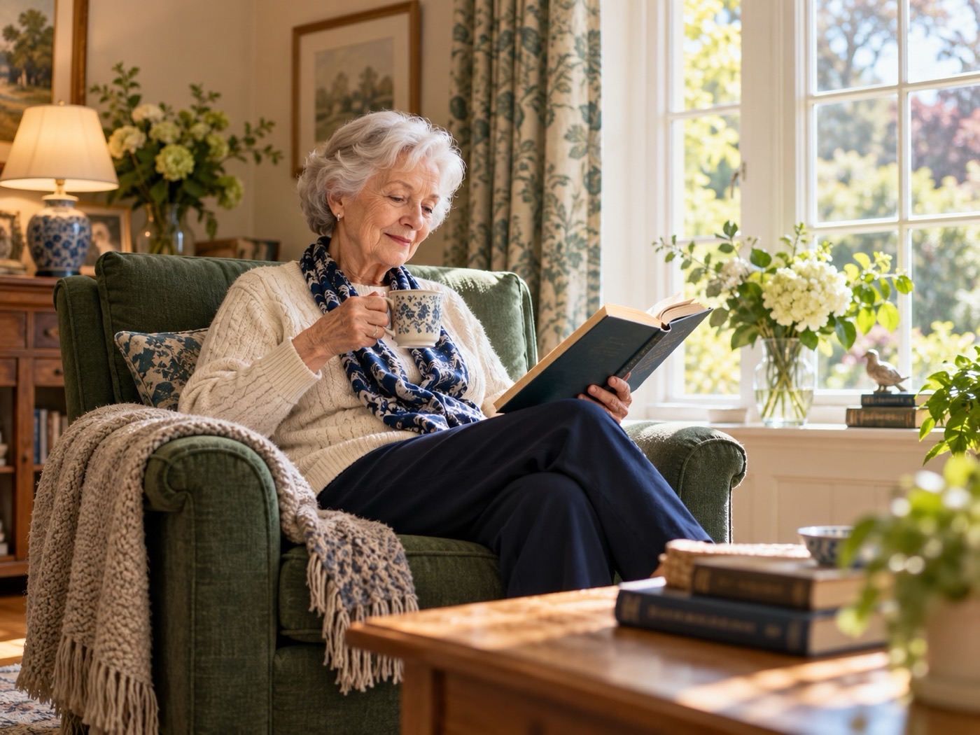 An older woman enjoying a quiet moment in the home she loves